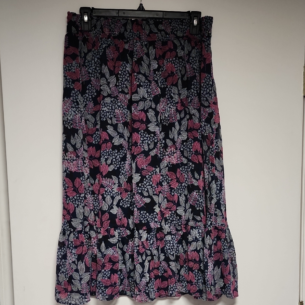 LOFT Navy Maxi Skirt with Pink and White Floral Design Size XL